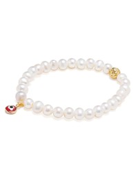 Nialaya Jewellery - Wristband with White Pearls and Red Evil Eye Charm