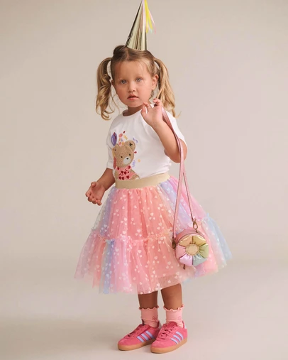 Huxbaby - Rainbow Flocked Hearts Tiered Skirt - Kids