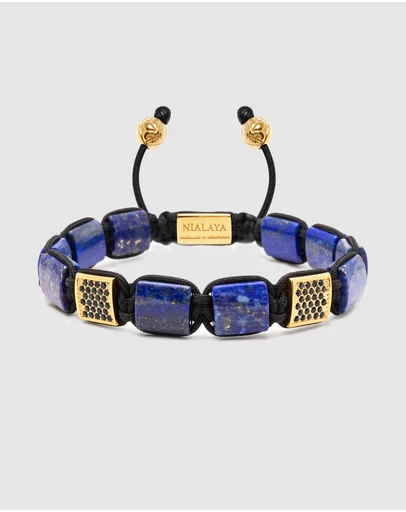 Nialaya Jewellery - The CZ Flatbead Collection - Blue Lapis and Black CZ