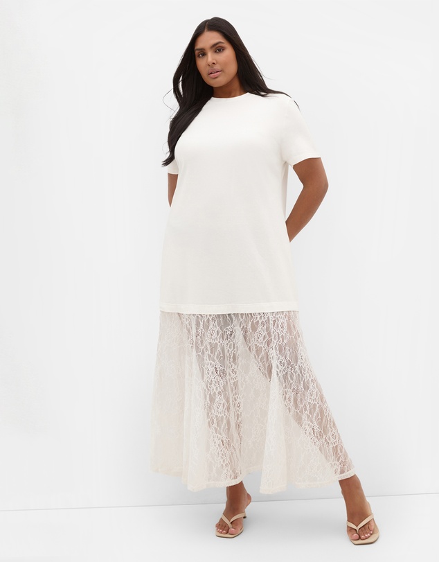 City Chic - Plus size Aura Lace Hem Dress - ivory