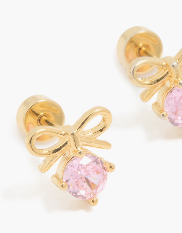 Lovisa - Kids Gold Plated Surgical Steel Pink Cubic Zirconia Bow Flat Back Earrings