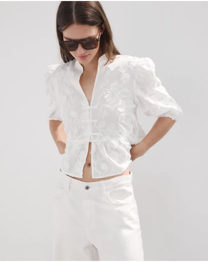 M.N.G - Embroidered Puff-Sleeve Blouse