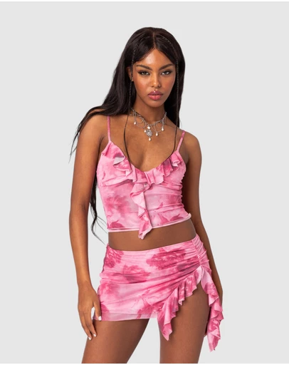 EDIKTED - Wanda Printed Mesh Ruffled Tank Top