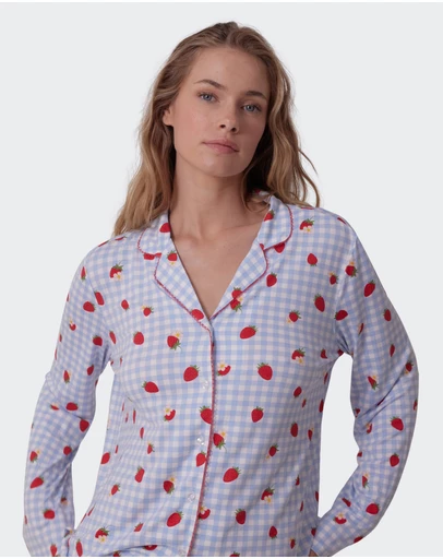 Bras N Things - Strawberry Patch Long Sleeve - Light Blue/ Print
