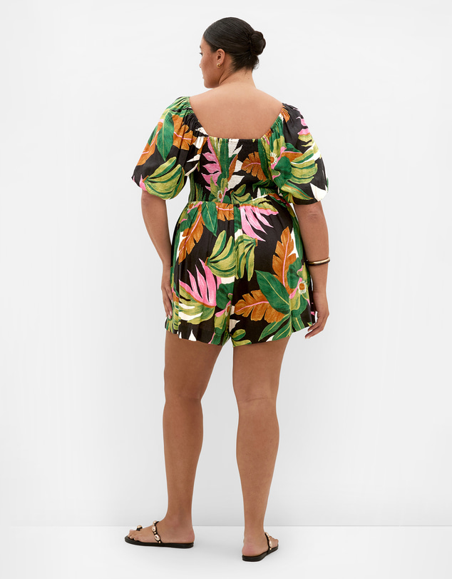 City Chic - Plus size Paradiso Print Cotton Playsuit - black