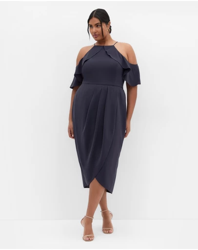 City Chic - Plus size Love Siren Ruffle Shoulder Dress - navy