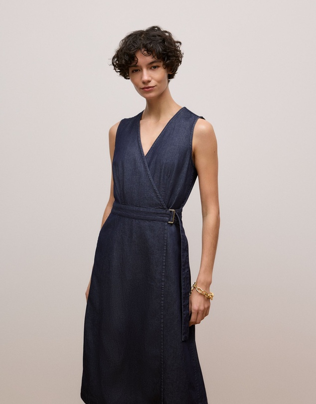 Trenery - Denim Sleeveless Wrap Dress in Indigo Rinse