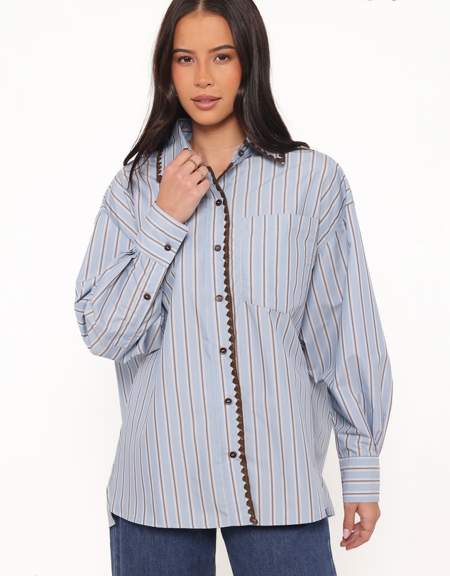 Petal & Pup - Mila Button Up Shirt - Blue/Brown Stripe