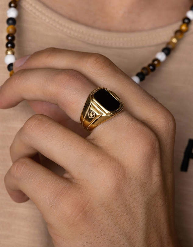 Nialaya Jewellery - Men's Oblong Gold Plated Signet Ring With Onyx
