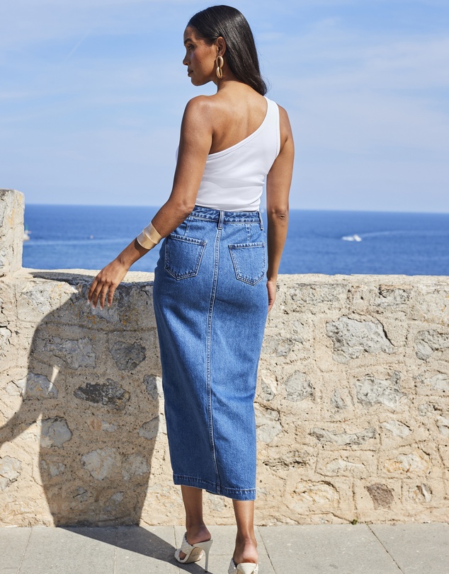 Sosandar - Longline Denim Midi Skirt
