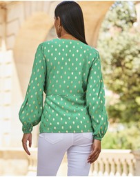 Sosandar - Metallic Fleck Print Blouson Sleeve Knot Front Top
