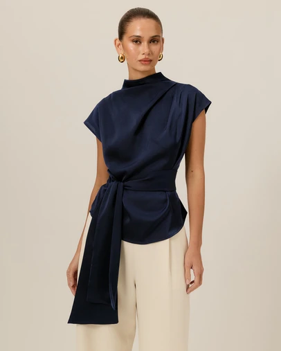 Tussah - Violet Drape Tie Detail Satin Top