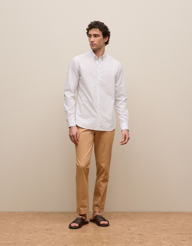 Trenery - Regular Fit Poplin Grid Long Sleeve Shirt in White