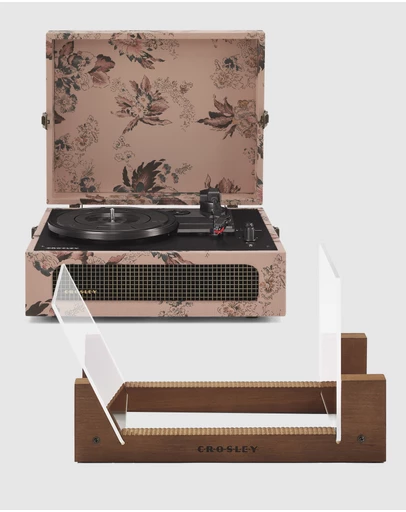 Crosley - Crosley Voyager Bluetooth Portable Turntable - Floral + Bundled Crosley Record Storage Display Stand