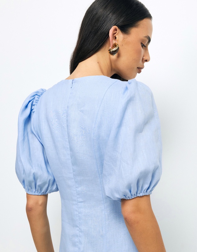 AERE - Lori Puff Sleeve Linen Midi Dress
