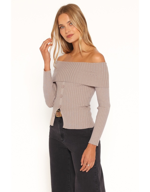 Petal & Pup - Lulla Ribbed Off Shoulder Top - Taupe