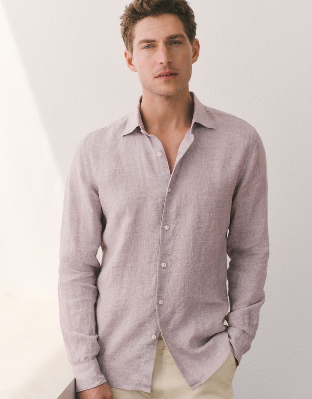 Trenery - Tailored Fit Yarn Dyed Linen Textured Shirt in Faded Violet