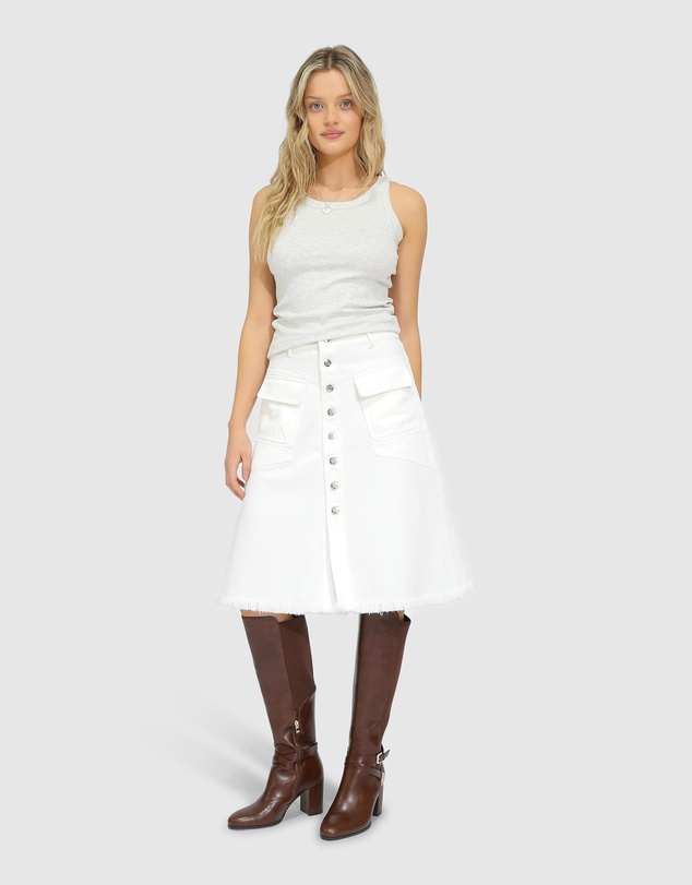 Belle & Bloom - Let Me Wander Button Front Denim Midi Skirt