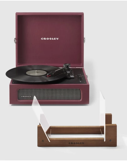 Crosley - Crosley Voyager Bluetooth Portable Turntable + Bundled Crosley Record Storage Display Stand - Burgundy