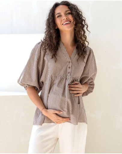 Angel Maternity - Gemma Maternity & Nursing Linen Stripe Shirt