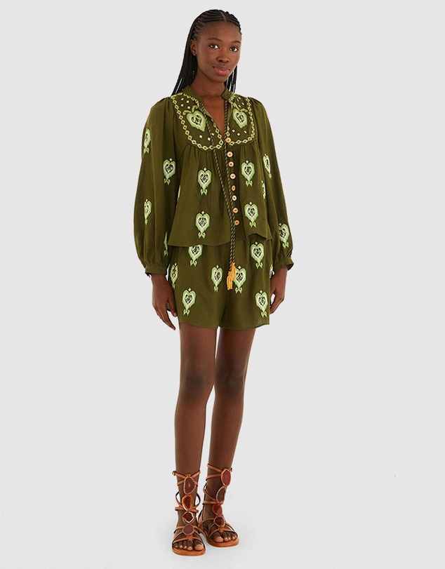Farm Rio - Green Embroidered Blouse