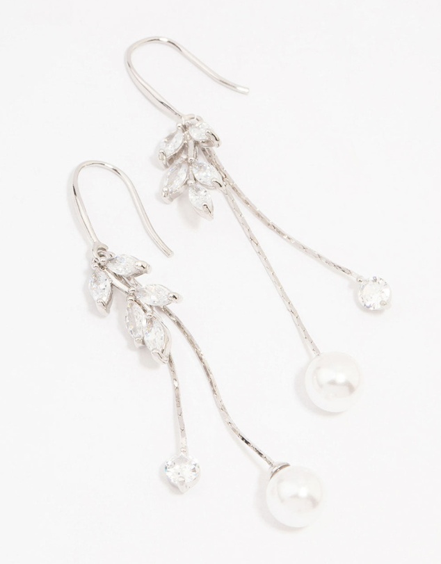 Lovisa - Silver Cubic Zirconia Leaf & Pearl Drop Earrings