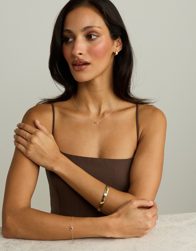 Michael Hill - Emerald Cut Pink Created Sapphire East-to-West Set Bezel Necklace with Chain in 10kt Yellow Gold