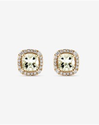 Michael Hill - Cushion Cut Green Amethyst Gemstone and 0.32 Carat TW Diamond Halo Stud Earrings in 10kt Yellow Gold