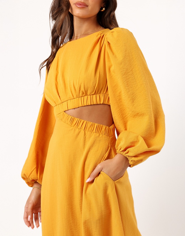 Petal & Pup - Ginnee Puff Sleeve Cutout Midi Dress - Mustard