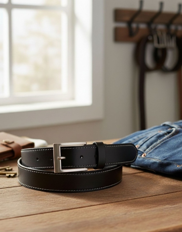 Jacaru - Jacaru 6014 Stitched Leather Belt Black 35mm