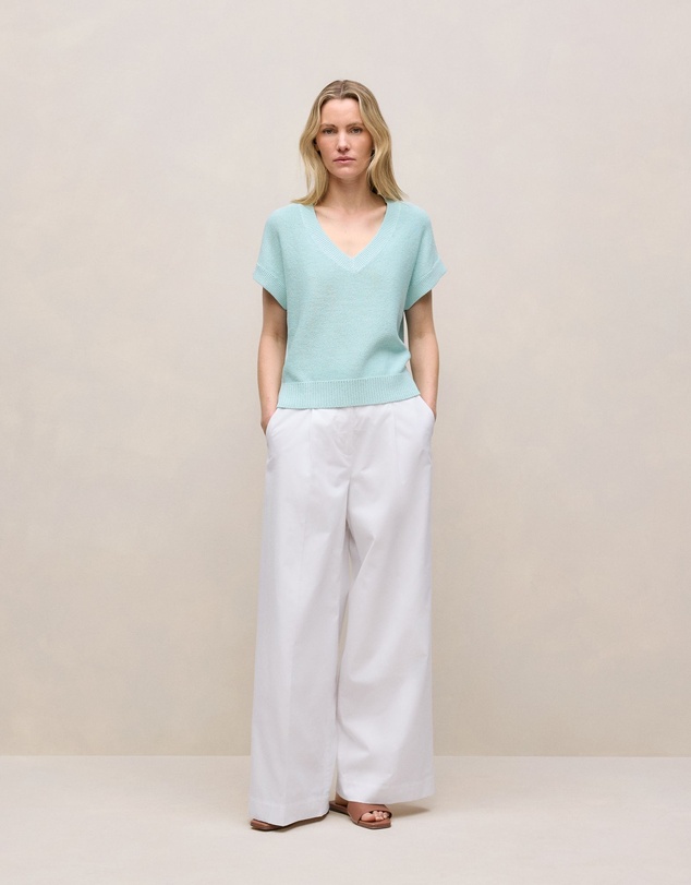 Trenery - Mercerised Cotton Relaxed V Neck Knit in Pastel Blue