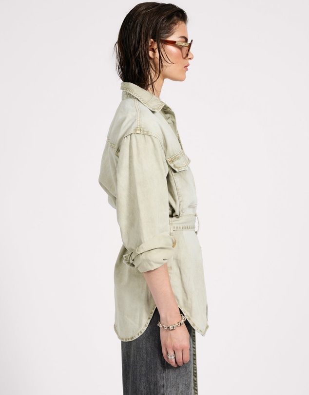 ONE TEASPOON - Belted Longline Denim Shirt - Antique Khaki