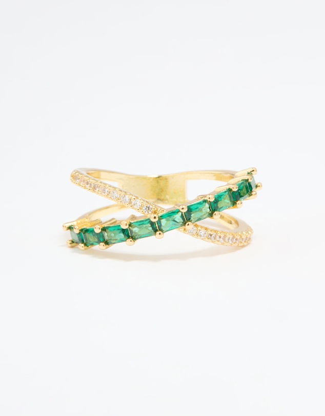 Lovisa - Gold Plated Green Cubic Zirconia Criss Cross Ring