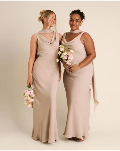 Six Stories - Plunge Cowl Front Chiffon Bridesmaid Dress with Neck Scarf