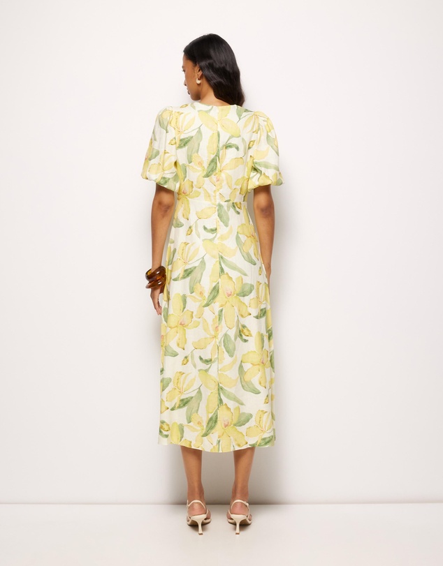 AERE - Clea Linen Puff Sleeve Midi Dress