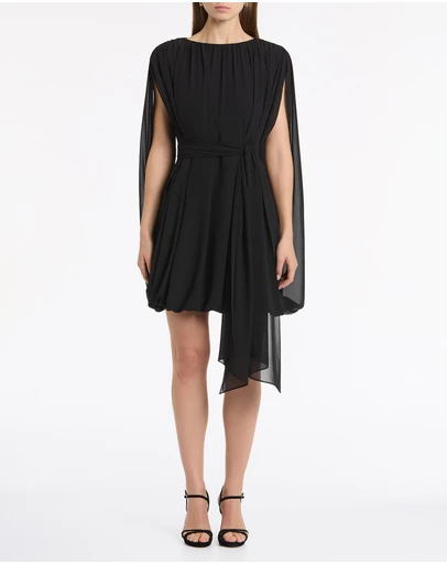 Carla Zampatti - Black Georgette Gathered Capelet Mini Dress