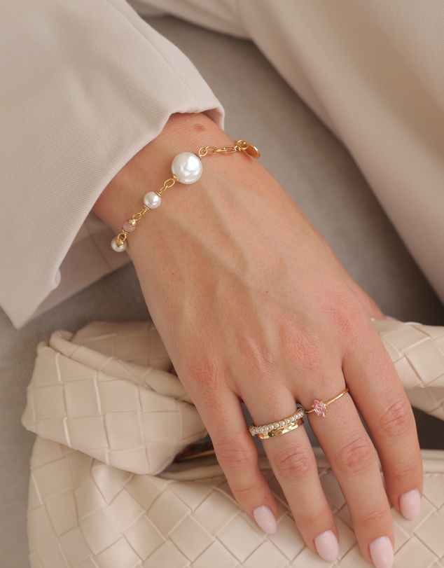 Elli Jewelry - Bracelet Rhodonite Shell Pearl 925 Sterling Silver Gold-Plated