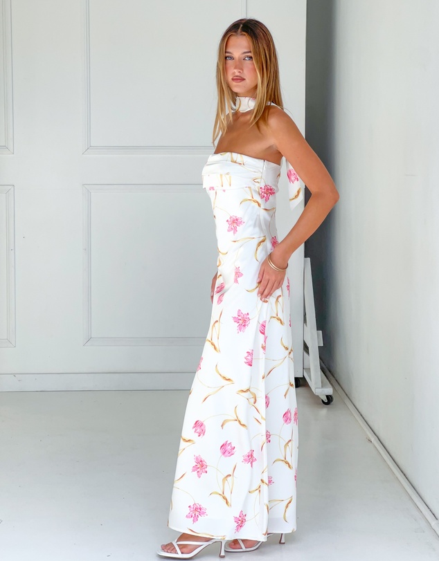 Beginning Boutique - Icelynn Cream Floral Print Strapless Satin Maxi Dress
