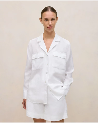 Trenery - Linen Pocket Detail Long Sleeve Shirt in White