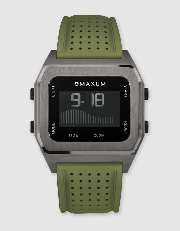 Maxum - Raglan Tide Watch – Gunmetal Case, Black Dial & Green Silicone Strap