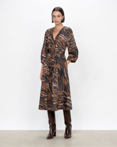 Woodcut Etching V Neck Dress Bark