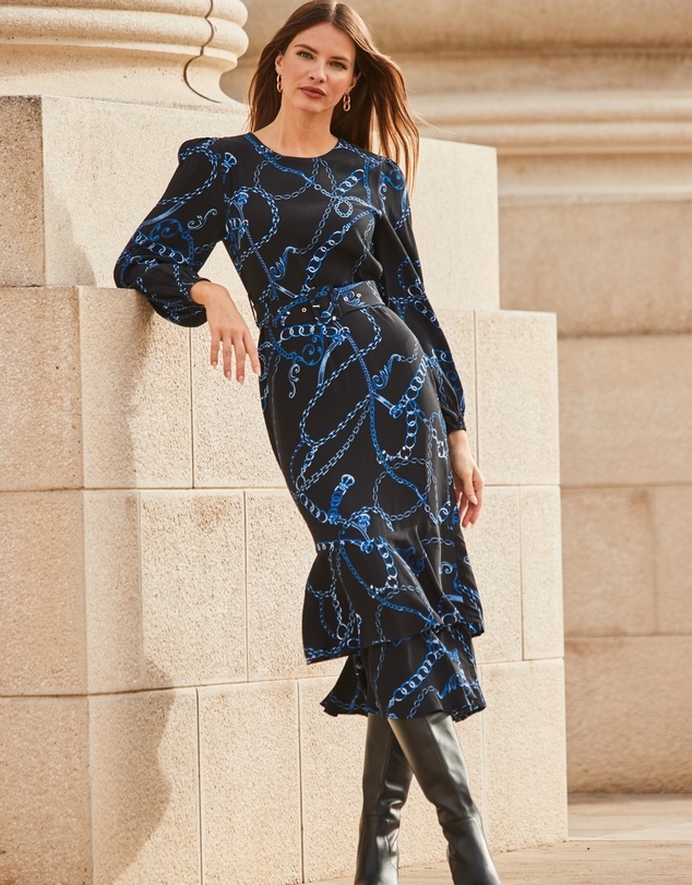 Sosandar - Chain Print Ruffle Hem Fit & Flare Dress