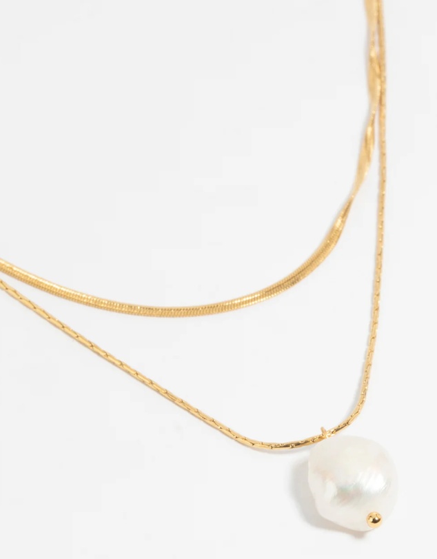 Lovisa - Waterproof Gold Plated Stainless Steel Snake Chain & Freshwater Pearl Layered Necklace