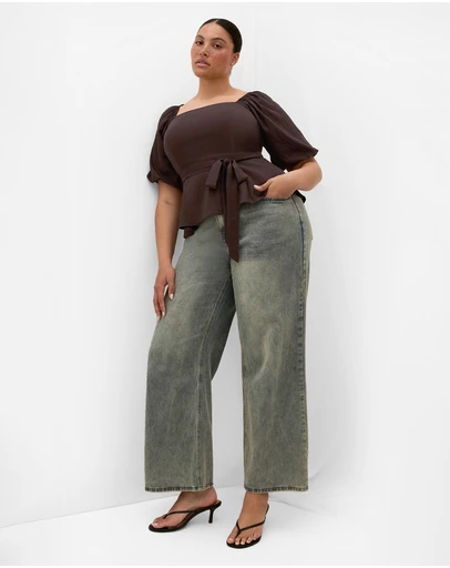 City Chic - Plus size Collins Puff Sleeve Tie Waist Top - chocolate