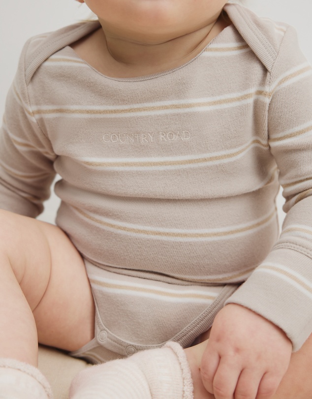 Country Road - Organically Grown Cotton Stripe Logo Long Sleeve Bodysuit