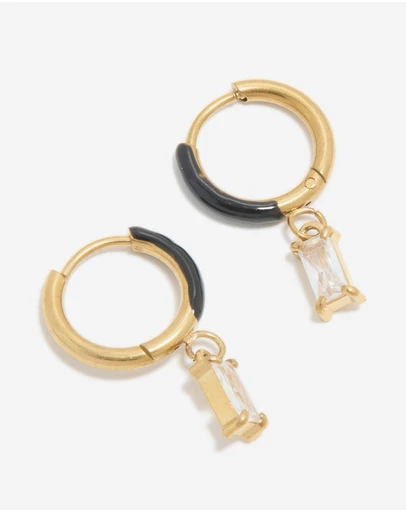 Lovisa - Waterproof Gold Plated Stainless Steel Black Enamel Cubic Zirconia Charm Huggie Earrings