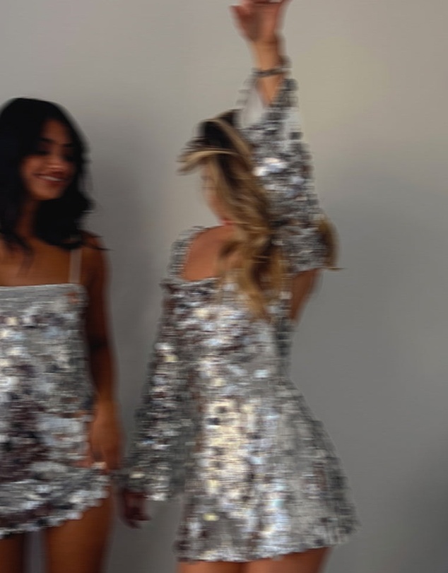 Beginning Boutique - Marienne Silver Large Sequin Long Sleeve Mini Dress
