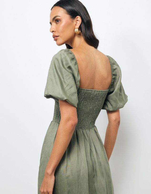 AERE - Olana Shirred Linen Midi Dress