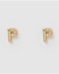 Izoa - Alphabet Mini Letter P Stud Earrings Gold