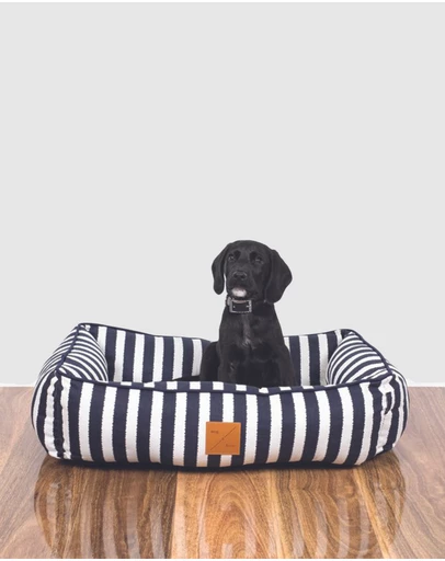 Mog & Bone - Bolster Dog Bed - Navy Hampton Stripe Print